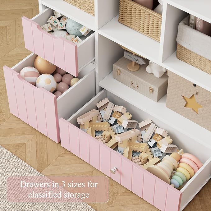 HORSTORS 48" W Kids Toy Storage Organizer, Large Toy Storage Chest with Removable Bins, 46" H Kids Bookshelf and Bookcase with Drawers for Boys and Girls, Modern Toy Box for Playroom, Classroom, Pink