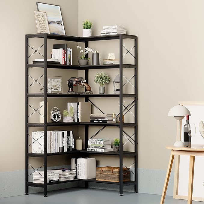 Corner Bookshelves and Bookcases Industrial Corner Etagere Bookcase L Shaped Shelf 6 Tiers with Metal Frame for Living Room Home Office