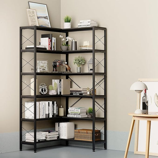 Corner Bookshelves and Bookcases Industrial Corner Etagere Bookcase L Shaped Shelf 6 Tiers with Metal Frame for Living Room Home Office