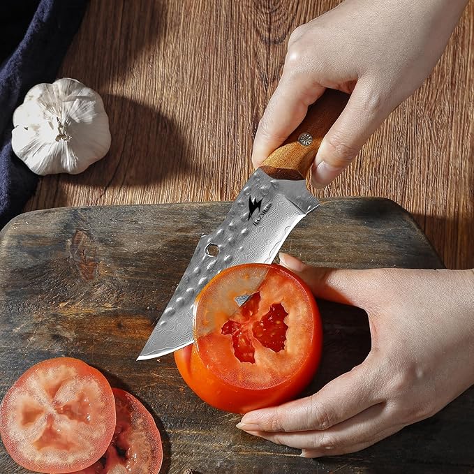 Meat Cleaver with Leather Sheath, Hand Forged Kitchen Utility Knife, 4.3" - Damascus Steel Blade for Cutting Meat, BBQ Brisket Knives for Home Outdoor Camping, Full Tang