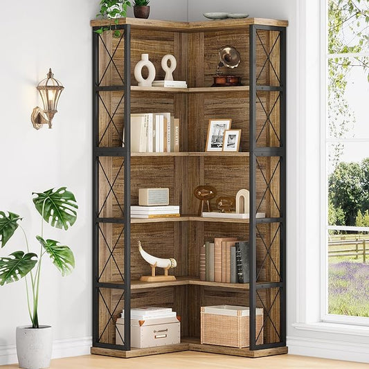 5-Tier L Shaped Bookshelf, Vintage Industrial Corner Bookcase, Large Tall Storage Shelves Display Rack with Metal Frame for Living Room, Home Office, Bedroom, Light Brown