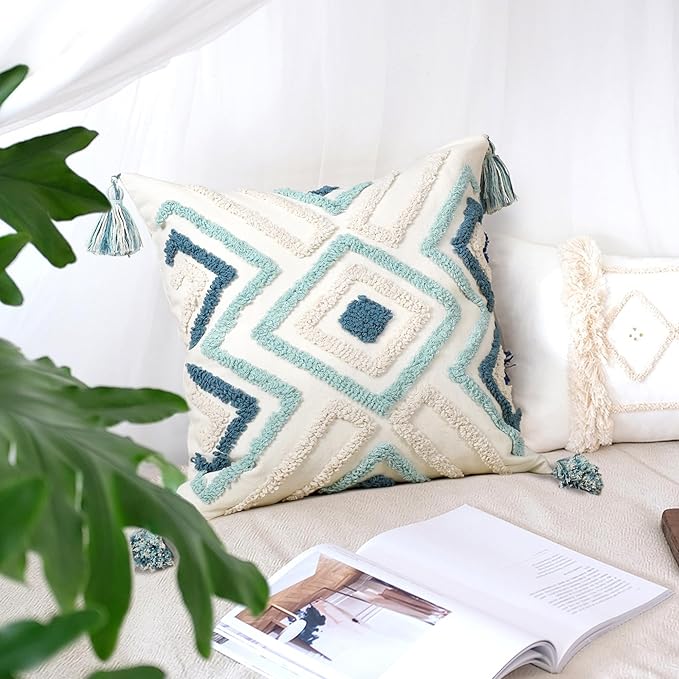 Boho Pillow Covers 18X18 Inch Boho Tufted Throw Pillow Covers Decorative Tassels Cushion Cover Farmhouse Pillow Case for Couch Sofa Bed Living Room Bedroom, Teal