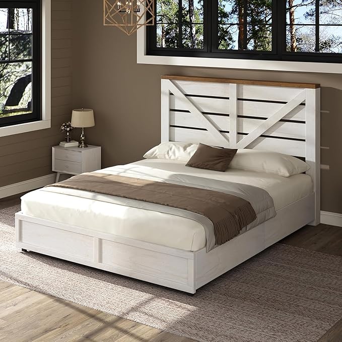 AMERLIFE Full Size Farmhouse Bed Frame with 4 Drawers, Wooden Storage Bed Frame with Headboard and Heavy Duty Metal Slats, Noisy Free, Easy Assemble, White/Barnwood