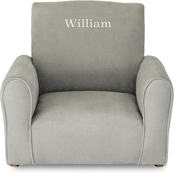 Toddler Personalized Armchair, Kids Upholstered Rocking Chair with Personalization, Toddler Chair with Personalized Name, Comfy Child Armchair, (Grey Suede, Rockers)