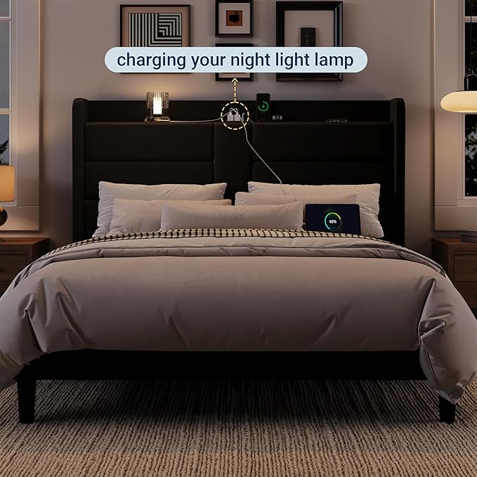 Allewie Full Size Platform Bed Frame with Charging Station & Storage Headboard, Upholstered Velvet Wingback Design & USB Port, Strong Wooden Slats Support, No Box Spring Needed, Easy Assembly, Black