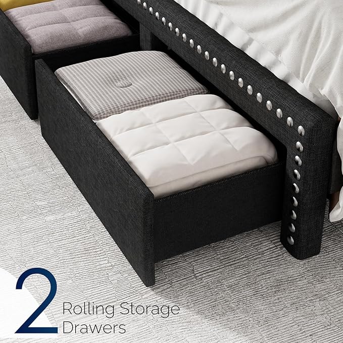 Queen Size Bed Frame with Storage Headboard and Drawers Modern Rivets Upholstered Bed Frame with LED Charging Station Queen Bedframe No Box Spring Needed