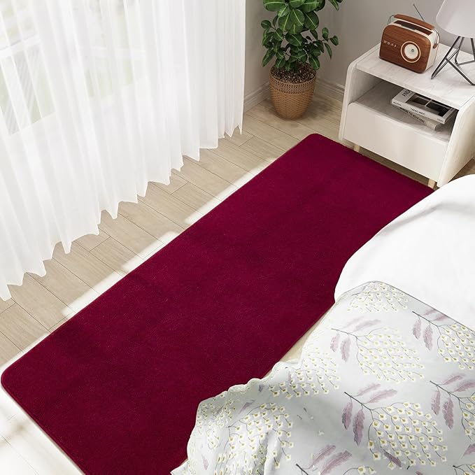 Soft Runner Rugs for Bedroom 2x6, Non Slip Runners for Hallway Kitchen Laundry Dorm Washable, Minimalist Low Pile Long Rugs for Boys Men Girls Kids, Wine Red