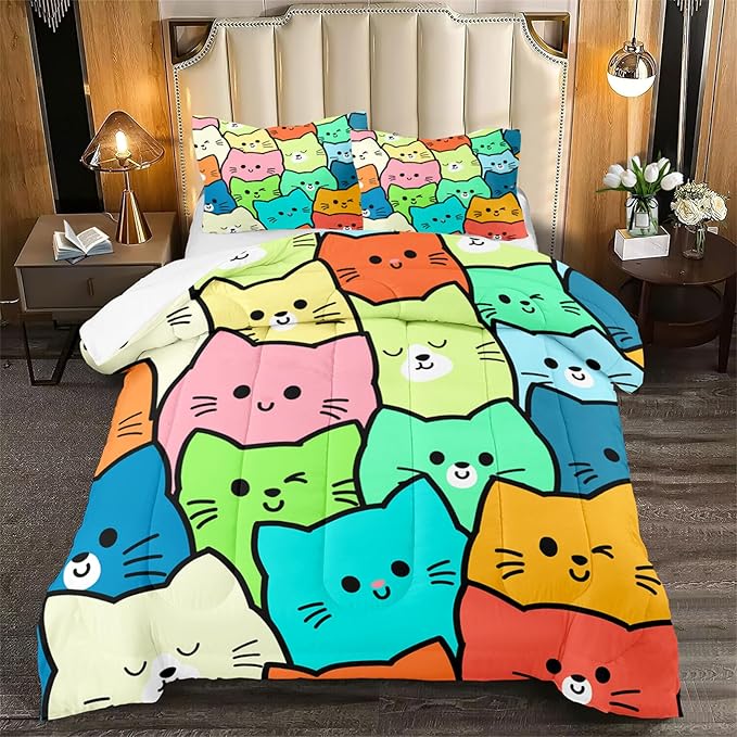 Cartoon Cat Comforter Set 3Pcs - Queen Size Cat Bedding Set for Bedroom Ultra Soft Lovely Animals Themed Comforter Set for Kids Room Decor for All-Season Boys Girls Gifts, 1 Quilt + 2 Pillowcases