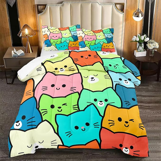 Cartoon Cat Comforter Set 3Pcs - Queen Size Cat Bedding Set for Bedroom Ultra Soft Lovely Animals Themed Comforter Set for Kids Room Decor for All-Season Boys Girls Gifts, 1 Quilt + 2 Pillowcases