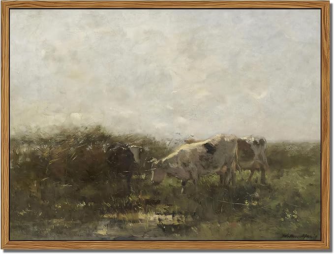 Floating Framed Landscape Canvas Wall Art, French Vintage Natural Country Cows Pictures Wall Decor Artwork, Farmhouse Oil Paintings Prints for Living Room Bedroom Home Decoration 8x10 inch