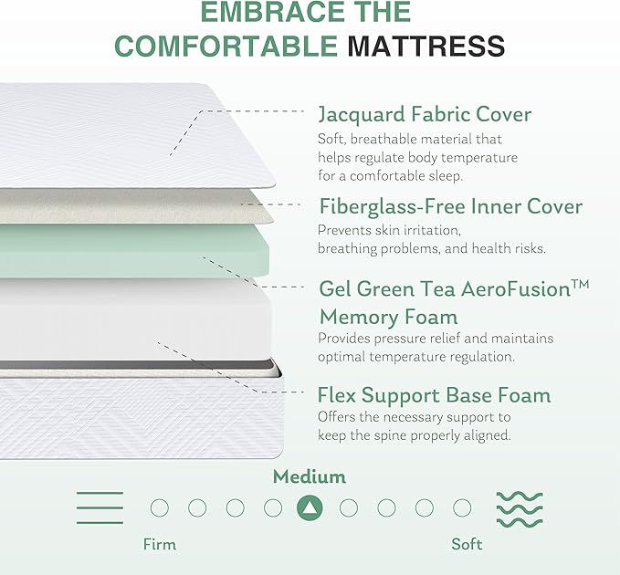 Twin Mattress in a Box, 12 inch Mattresses Made in USA for Kids Bed Single Size Daybed Individual Bunk, Green Tea Memory Foam Mattress for Cool Sleep & Pressure Relief, Medium Firm