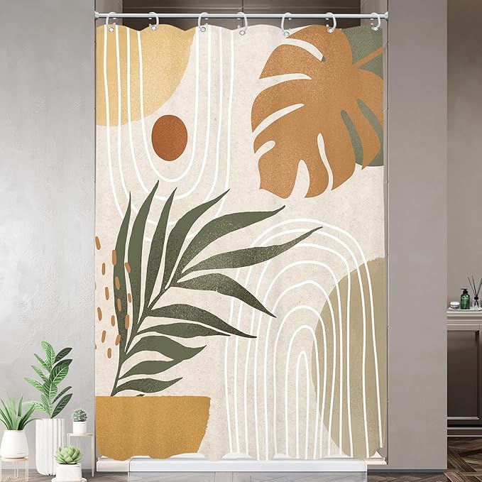 Glawry Beige Green Boho Shower Curtain Small Stall Abstract Mid Century Plant Tropical Palm Leaf Modern Minimalist Bathroom Geometric 48Wx72L Inches Bath Accessories Art Home Decor Fabric 8 Pack Hook