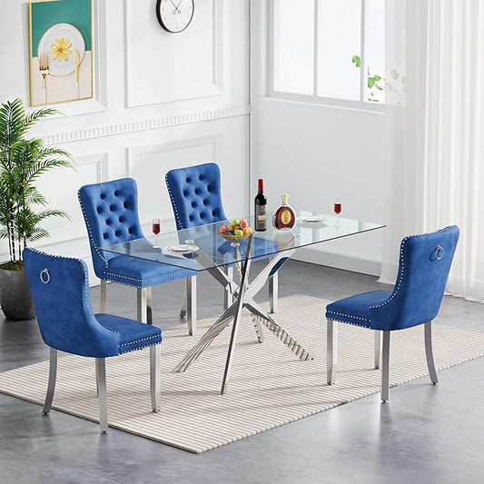 Goujxcy 5 Piece Glass Dining Table Set Modern Glass Dining Table Set for 4, 51" Rectangular Kitchen Table and 4 Velvet Upholstered Chairs for Kitchen Dining Room, Silver Table & Blue Chair