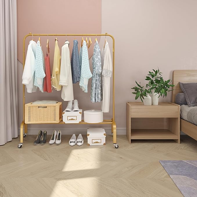 JIUYOTREE Metal Clothing Rack with Wheels 43.3 Inches Rolling Clothes Garment Coat Rack with Bottom Shelf Clothing Rack for Hanging Clothes Coats Skirts Shirts Sweaters Gold