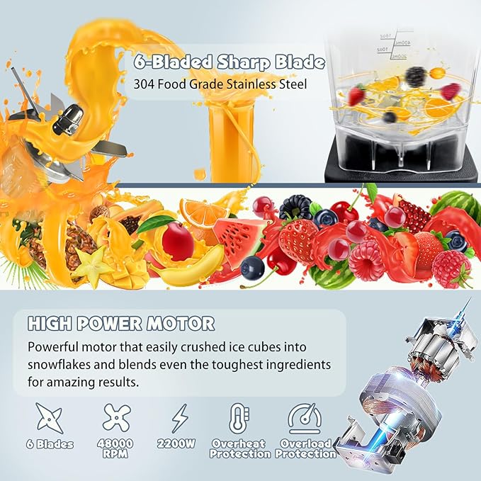 Professional Blenders for Kitchen 2200W High-Powered Blender for Smoothies with 68oz BPA-Free Pitcher, Preset Programs and Timer, Commercial Grade Countertop Blender, Ice Crushing, Shakes