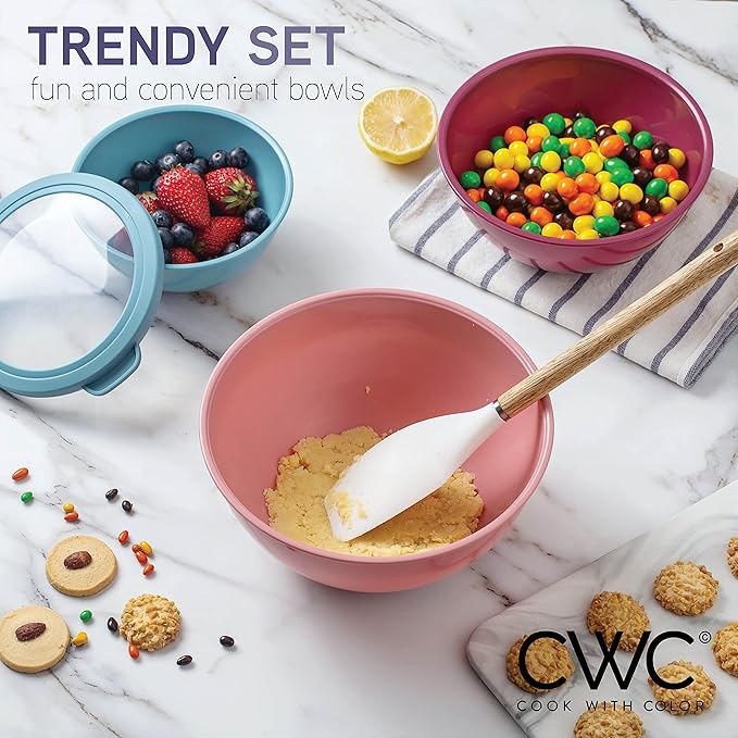 COOK WITH COLOR Mixing Bowls with TPR Lids - 12 Piece Plastic Nesting Bowls Set includes 6 Prep Bowls and 6 Lids, Microwave Safe Mixing Bowl Set (Multicolored Set with Large Blue Bowl)