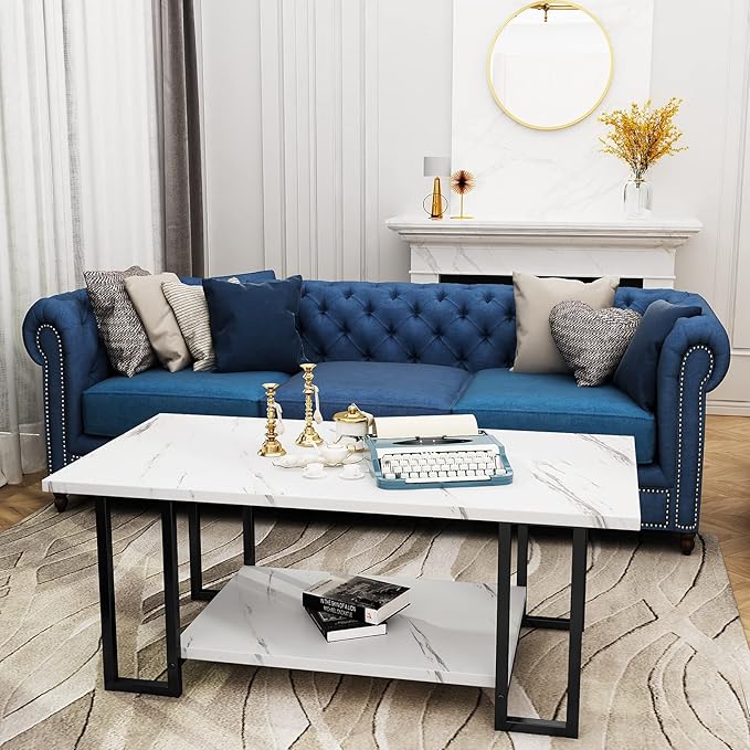 AWQM Marble Coffee Table, Faux Marble Top Rectangular Coffee Table with Black Metal Frame, 2 Tier Living Room Table for Living Room, Office, Balcony, White, 40 Inch