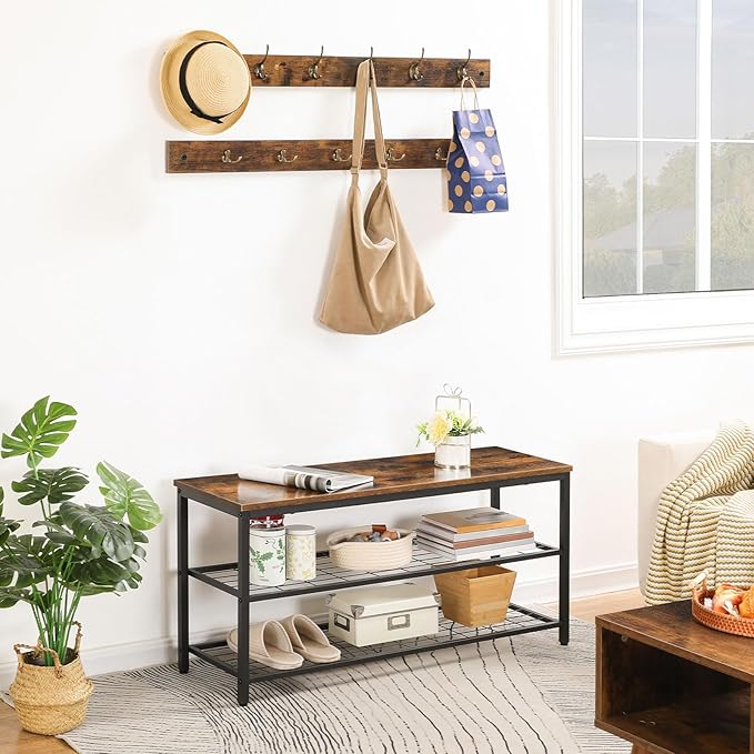 HOOBRO Hall Tree with Bench, Coat Rack Shoe Bench Set, Entryway Shoe Rack with Coat Hooks, Hall Tree, 39.4" L x 11.8" W x 18.1" H, Industrial, for Front Door, Rustic Brown BF071MT01G1
