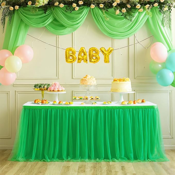 9ft Green Tulle Table Skirts for Rectangle Tables or Round Tables Ruffle Tutu Tablecloth for Birthday Party Baby Shower Jungle Luau Animal Safari Theme Party Table Decorations