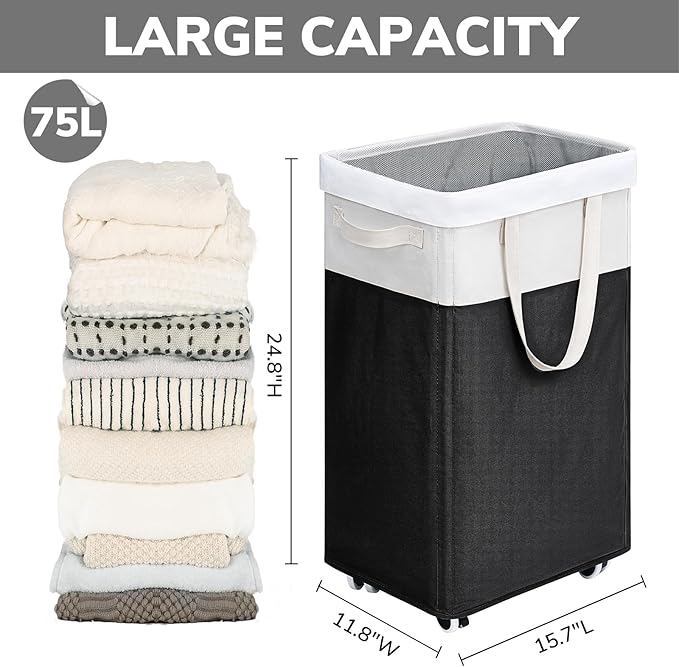 Goodpick Hamper with Wheels 75L 2-Pack, Tall Laundry Basket with Removable Wash Bags, Rolling Black Laundry Hamper for Corner Dorm, Large Collapsible Laundry Baskets