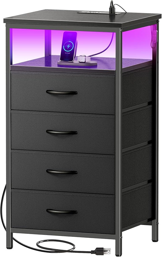 Huuger Night Stand with Charger Station and LED Lights, 4 Drawer Nightstand, Bed Side Table with Open Shelf, End Table, Fabric Dresser for Bedroom, Black