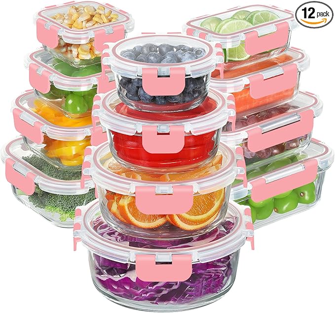 BAYZZ 24 Piece Glass Food Storage Containers with Lids, Airtight Glass Meal Prep Containers for Kitchen, BPA-Free Lunch Box, Microwave and Freezer Safe,Pink