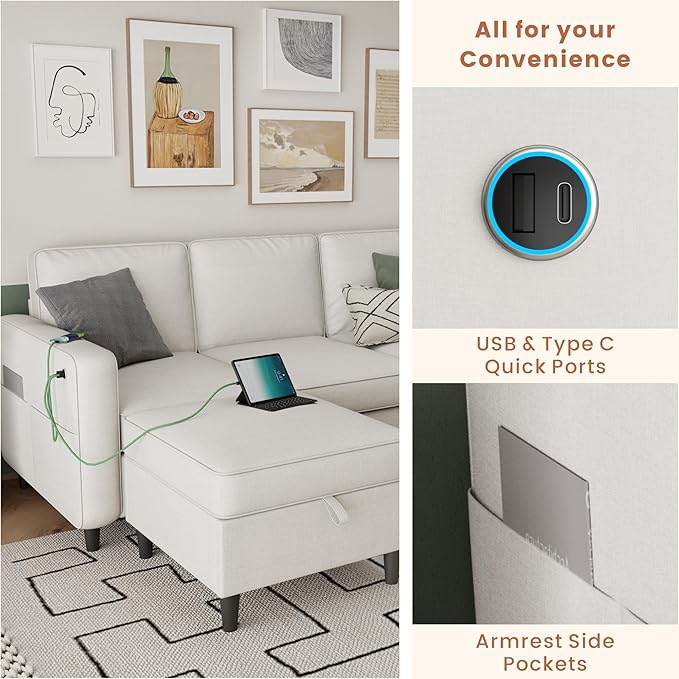 Sectional Sofa Couches for Living Room - 78'' Beige 3 Seat L-Shaped Couch with Type-C Charging Port & Storage Ottoman, Modern Linen Convertible Sectionals Sofas with Chaise for Apartment