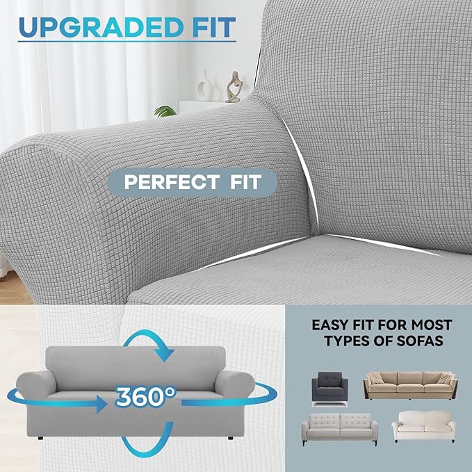 LURKA Stretch Sofa Slipcovers 1 Piece Couch Covers for 3 Cushion Couch Sofa Furniture Protector Full Sofa Covers with Elastic Bottom for Kids and Dog (Large, Sliver)
