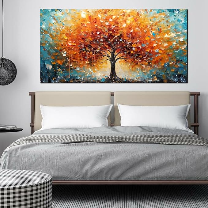Zoyotago Large Canvas Wall Art Orange Yellow Tree Picture Modern Canvas Prints Ready to Hang for Bedroom Living Room Size 30x60