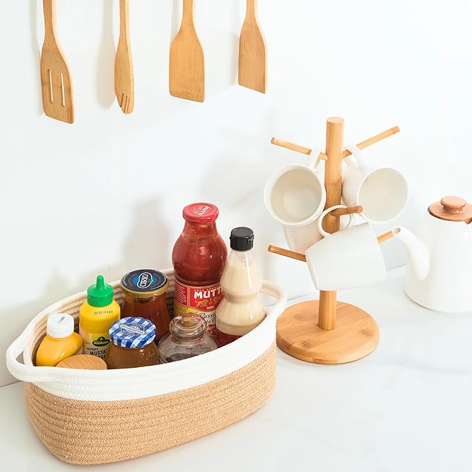 MINTWOOD Design 5-Piece Small Decorative Woven Storage Baskets Set for Shelves, Bathroom, Pantry and Nightstand Organizer, Catch All Tray with Handles for Organizing Gifts, Dog and Cat Toys, Jute