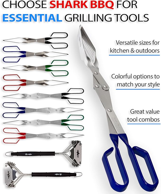 Shark BBQ Grill Tongs - 17 inch Blue. Professional kitchen and outdoor grilling utensil. Long reach Barbeque Grilling Tongs. Ideal for steak, fish, burger, and sausage