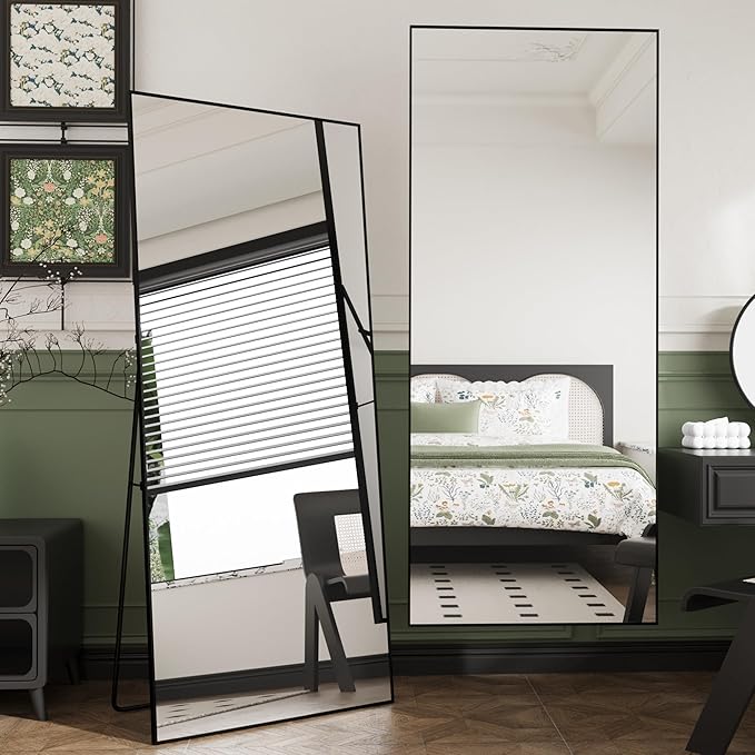FANYUSHOW Full Length Mirror, Standing Hanging or Leaning Body Mirror, Simple Rectangle Design, Aluminum Alloy Thin Frame, Floor Mirror for Bedrooms, Bathrooms, Living Room 63"x18" (Black)