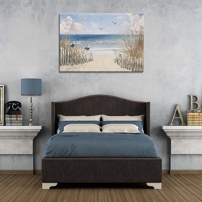 XXMWallArt FC3781 Sandy Beach Wall Art Canvas Print Wall Art Seascape Blue Print Home Decor Abstract Coastal Picture Modern Ocean Artwork for Living Room Bedroom Bathroom Office Decor