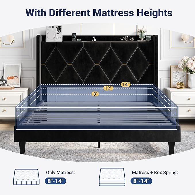 Allewie Velvet Queen Upholstered Bed Frame with Wingback Storage Headboard & Charging Station, Platform Bed with Diamond Tufted Design & Gold Trim, No Box Spring Needed, Easy Assembly, Black
