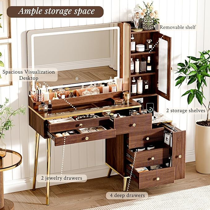 Vanity Desk with 35.12" HD Lighted Mirror, 46.85" Big Modern Vanity Desk with Mirror and Lights, Makeup Vanity with 7 Drawers and Storage Shelves and Charging Station, Walnut