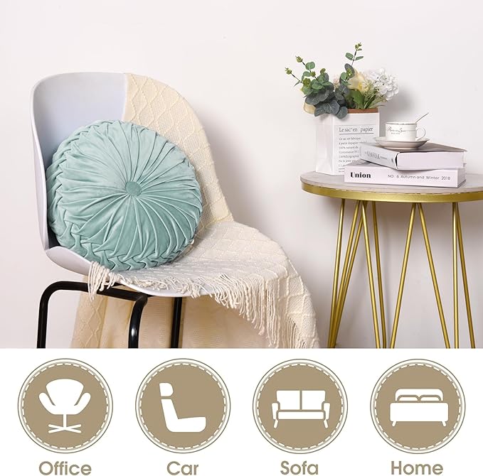 HIG Set of 2 Aqua Ruched Velvet Round Throw Pillows – 14.5’’ Decorative Pillows with Soft Polyester Filling for Couch, Bed, Living Room, Bedroom, or Dorm – Handmade, Stress Relieving, All-Season