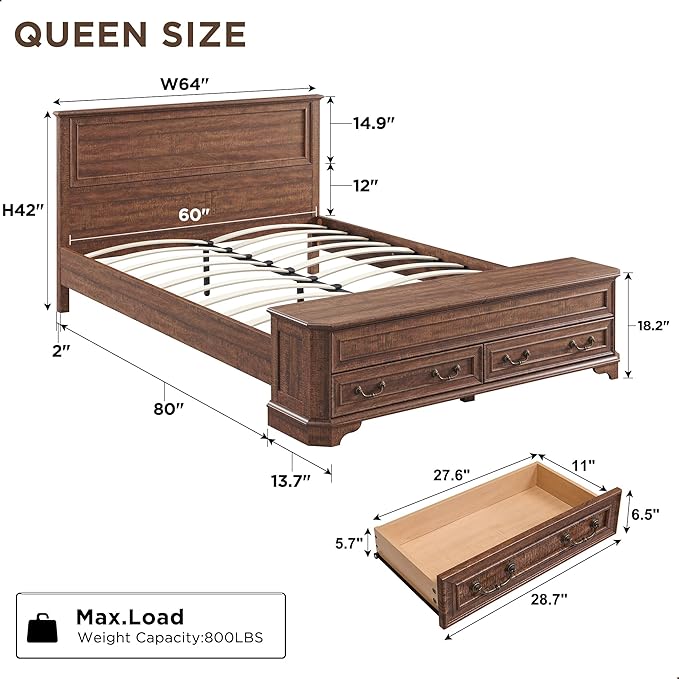 T4TREAM Farmhouse Queen Bed with Headboard and Storage Bench, Rustic Wood Platform Bed with 64" Storage Chest w/ 4 Large Drawer, Dark Brown