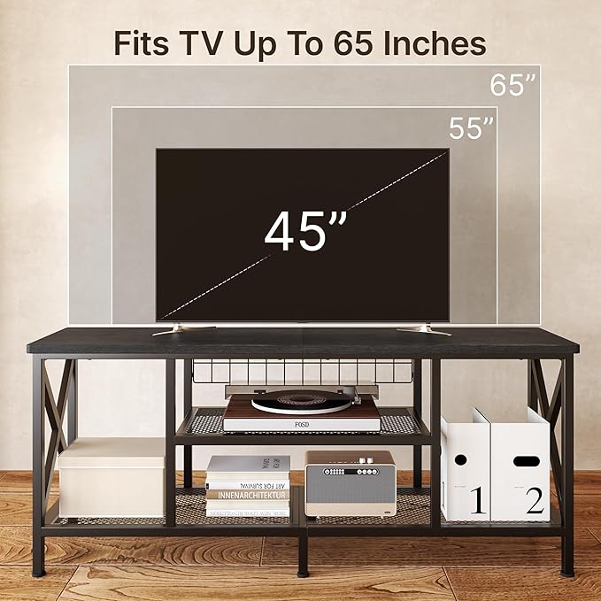 Gizoon TV Stand for 65 Inches TV, 59.8'' Entertainment Center with Metal Frame, TV Media Console Table with Open Storage Shelves, for Living Room, Bedroom, Black