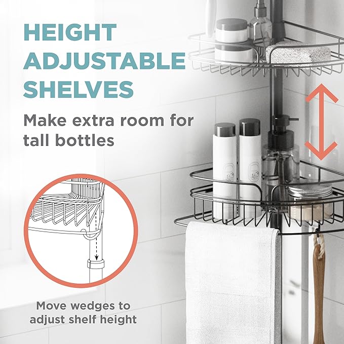 Zenna Home Tension Pole Shower Caddy Corner Organizer, Adjustable Standing Shower Caddy with 4 Baskets and Built in Towel Bar, Rust Resistant Bathroom Tension Rod Organizer, 60 to 97 Inch, Matte Black