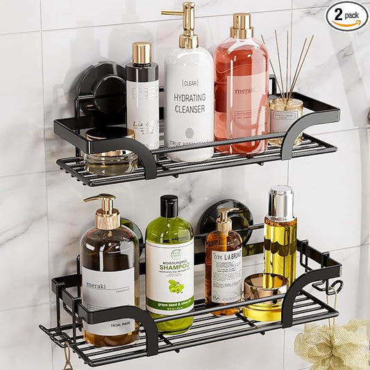 LEVERLOC Shower Caddy Suction Cup, 2 Pack Shower Shelves for Inside, Black Rustproof Metal Bathroom Storage NO-Drilling Bathroom Organizer with Large Capacity, Heavy Duty Storage Basket