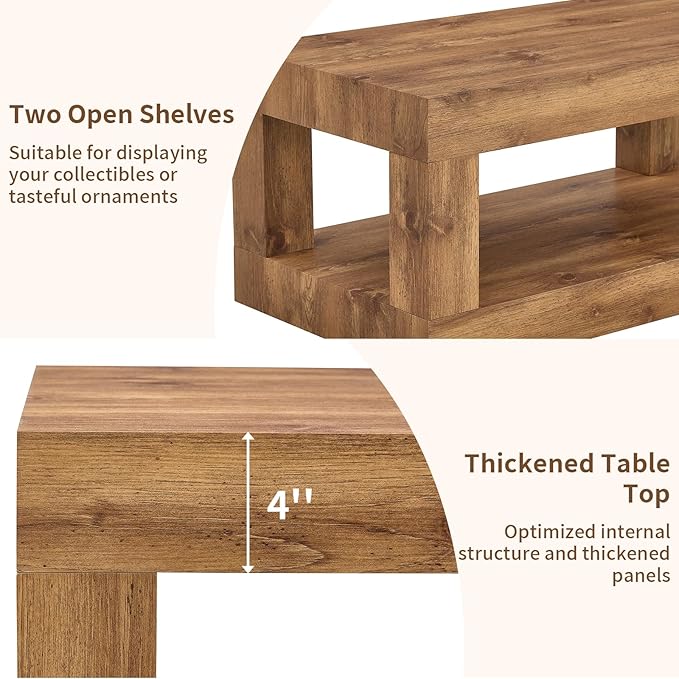 39.37" Coffee Table with Storage, 2-Tier Mid Century Rectangular Accent Table with Thick Tabletop, Rustic Style Cocktail, Center Table for Living Room, Office, Apartment (Natural Wood)