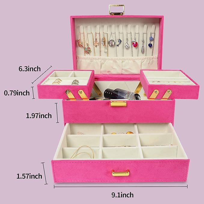 Dajasan Jewelry Storage Box, Large Jewelry Organizer Box, 3-Layer Velvet Jewelry Boxes for Women, Girls, Friends, Wife or Mother (Red)