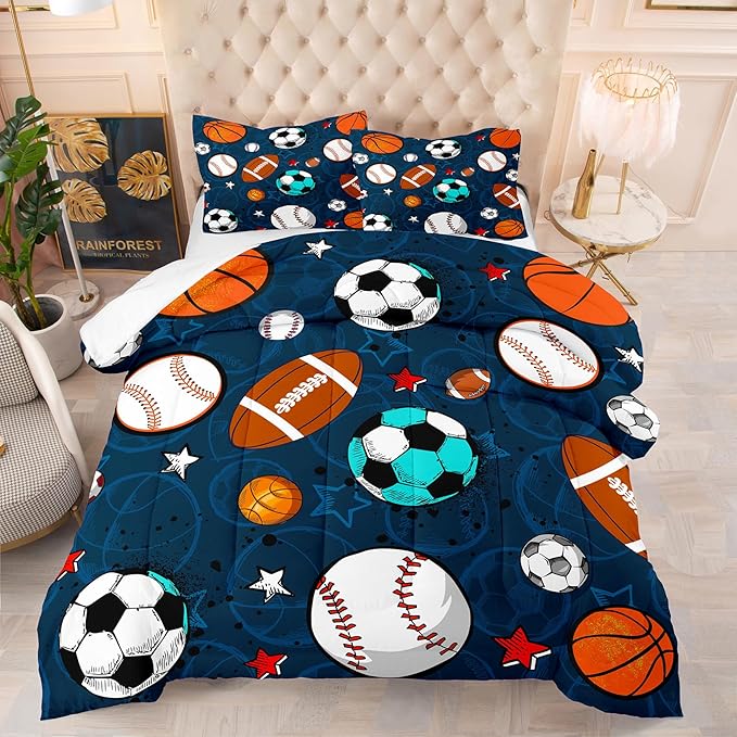 Tailor Shop Sports Boys Comforter Sets King Size,Sports Bedding Sets for Boys Kids Teens Football Basketball Baseball Ball with 2 Pillowcase……