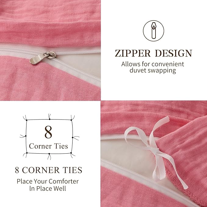MEISHANG Muslin Duvet Cover Queen Size - 100% Organic Cotton, Soft Textured Gauze Weave Comforter Cover for Breathable All-Season with Zipper Closure - 3 Piece Set (Queen, Pink)