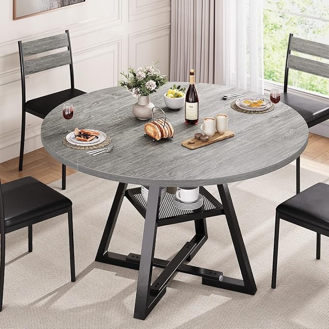 Round Dining Table for 4,Kitchen Dining Room Circle Dinner Pedestal Table,Space Saving Wood Kitchen & Dining Room Furniture (Grey, 47In)