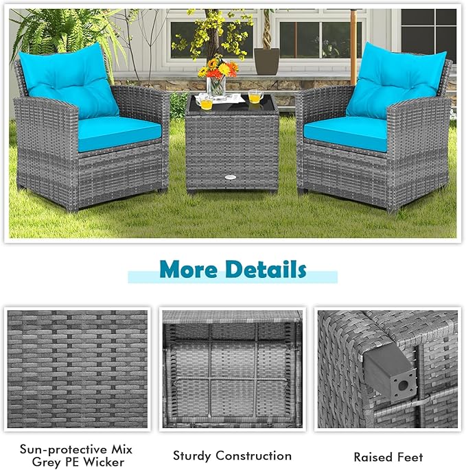 Tangkula 3 Pieces Patio Furniture Set, Outdoor PE Rattan Conversation Chair Set with Tempered Glass Side Table and Removable Cushions, PE Wicker Chairs and Table Set for Porch, Balcony and Garden