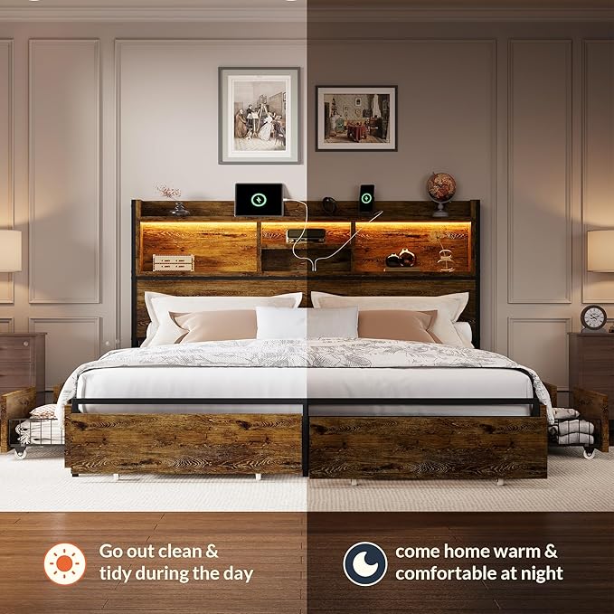 LARMACE King Size Bed Frame with 6 Storage Drawers and Headboard Wooden Platform Bed Frame with LED Lights and Charging Station Easy Assembly/No Box Spring Needed/Vintage Brown