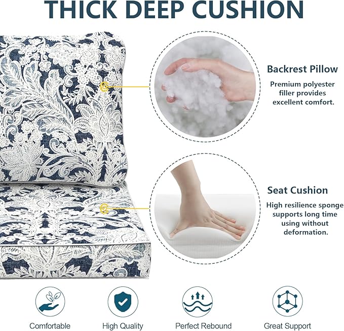 Outdoor Deep Seat Cushions Set 22 x 22 Inch for Patio Furniture,Water Resistant Chair Cushions Replacement Includes Seat Cushion & Back Pillow for Couch Sofa, Wicker Chair - Damask Lapis
