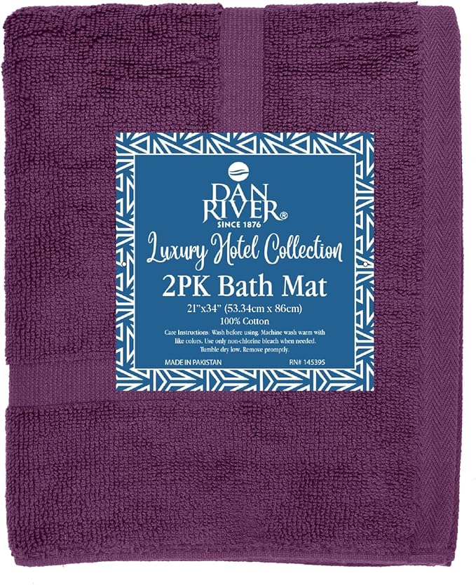 DAN RIVER Classic Bath Mat - Purple Passion, 100% Ring Spun Cotton, Pack of 2, 21x34 inches, 800 GSM, Non-Slip, Absorbent, Quick Drying, Machine Washable Bathroom Floor Mats for Shower, Kitchen & Bath