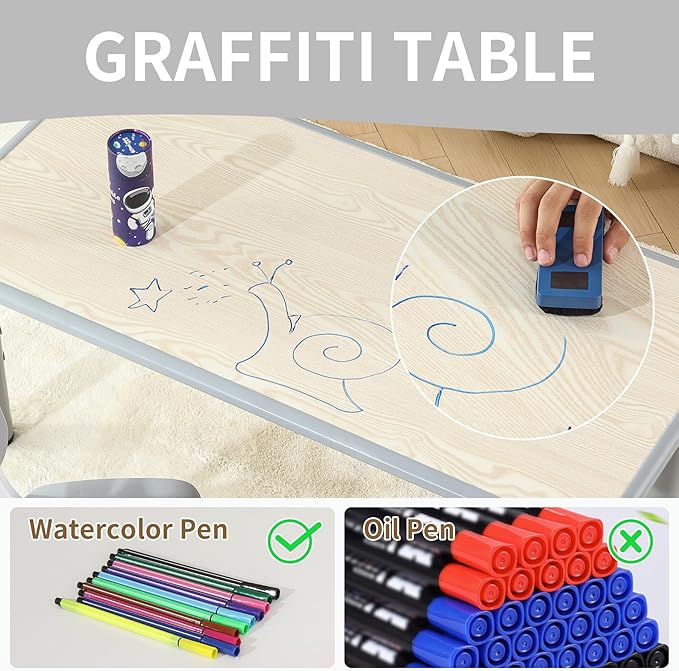 Kids Table and 4 Chairs Set, Height Adjustable Toddler Table and Chairs Set with Rubber Foot Covers, Graffiti Desktop Children Activity Table for Ages 2-10, Daycare, Classroom